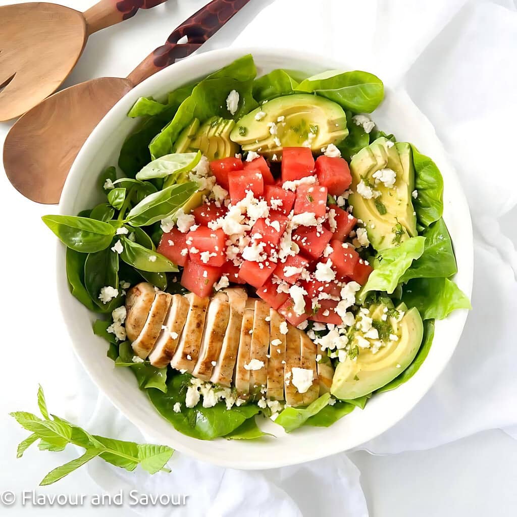 Chicken Avocado Watermelon Salad With Mint Lime Dressing