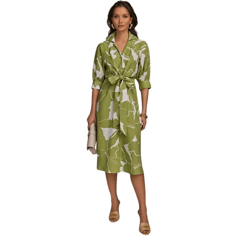 Printed Tie-Front A-Line Linen Dress