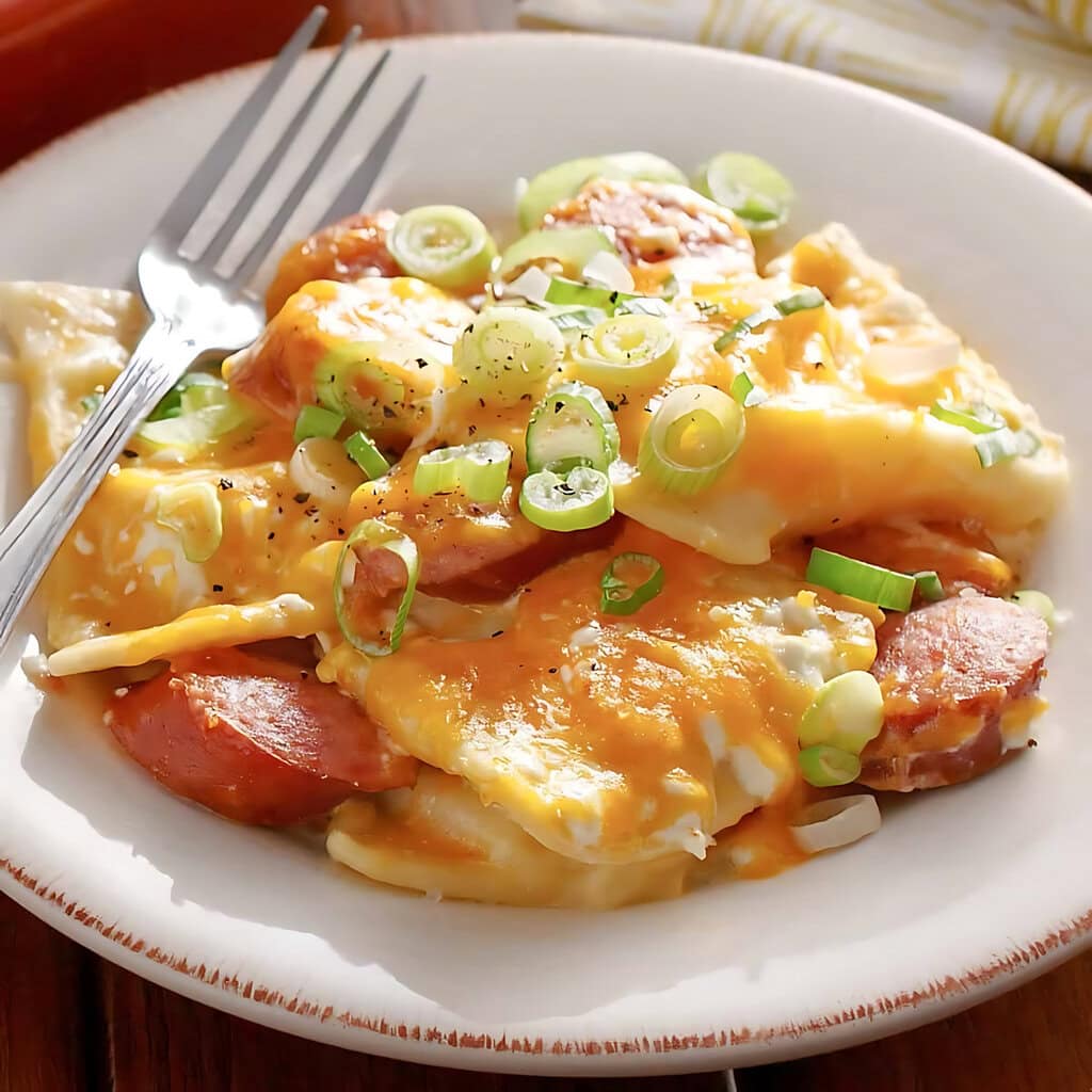 Crock Pot Cheesy Pierogi Kielbasa Casserole
