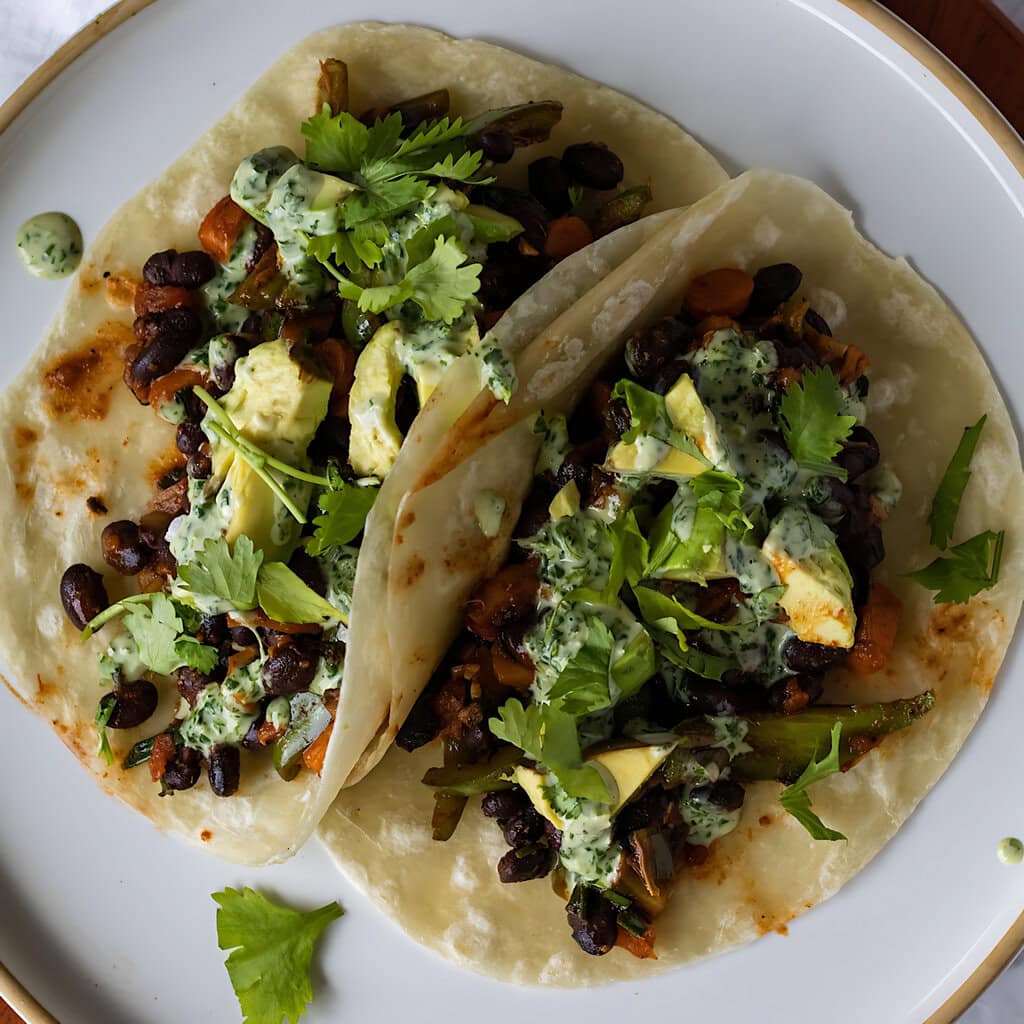 Vegan Fall Black Bean Tacos With Cilantro Lime Tahini Sauce
