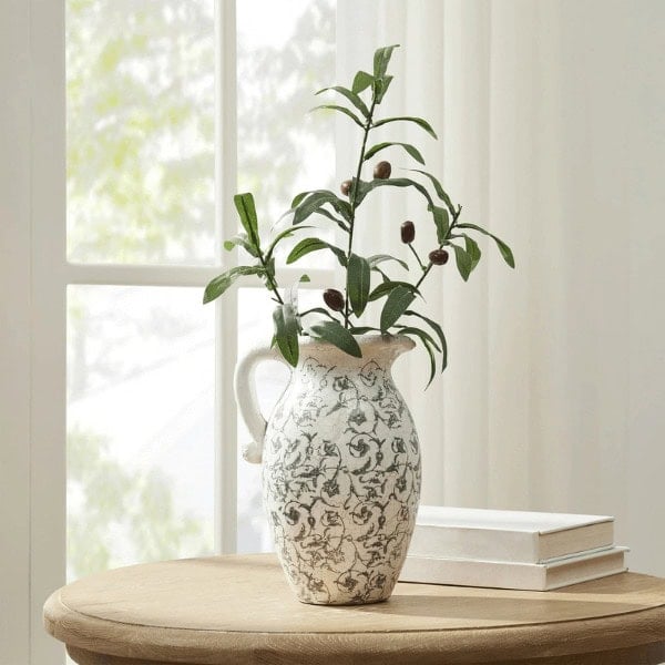 Ivory Scroll Pattern Ceramic Pitcher Vase