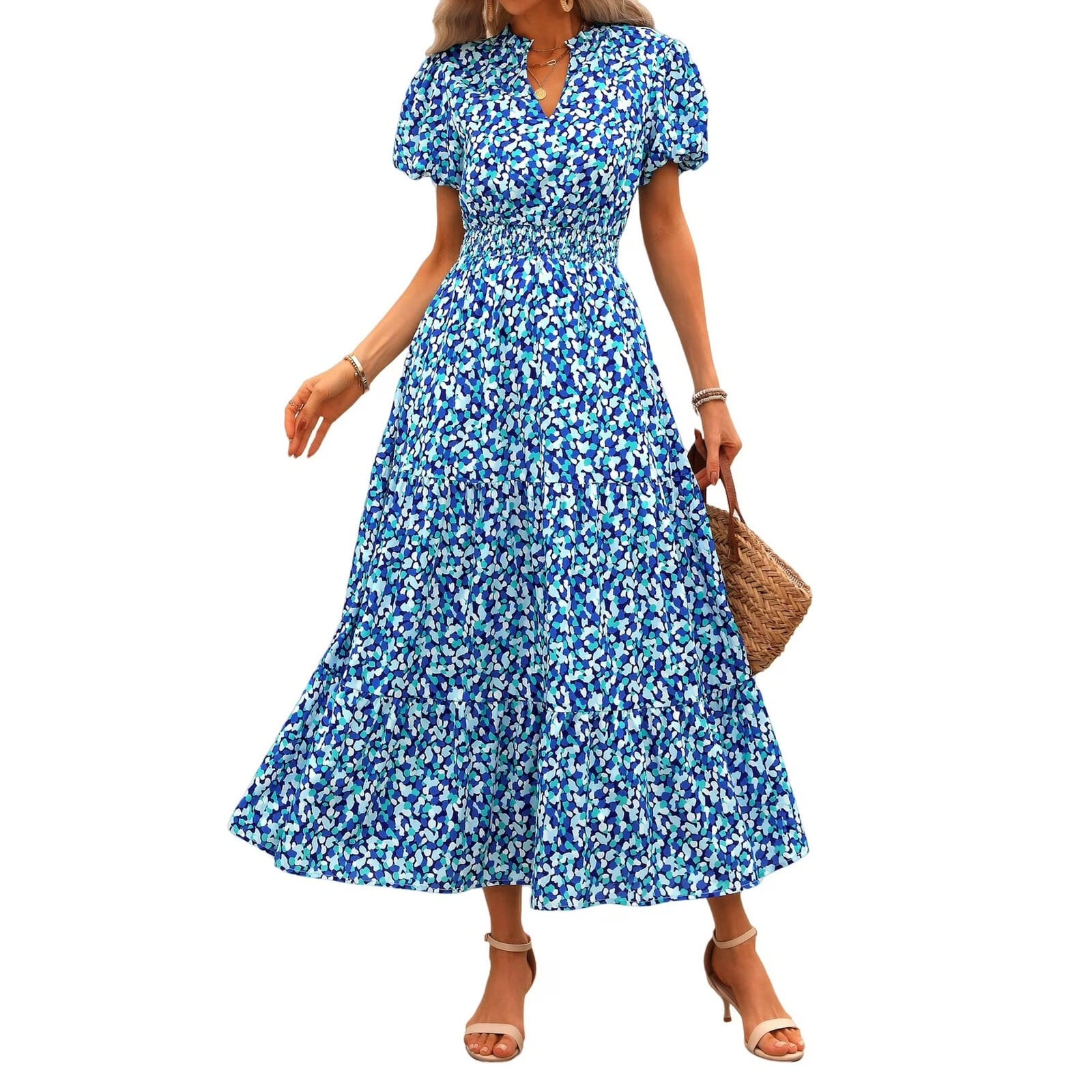 PRETTYGARDEN Summer Maxi Dress for Women Casual Wear To Work V Neck Puff Short Sleeve Smocked Ruffle Flowy Beach Boho Long Floral Dress