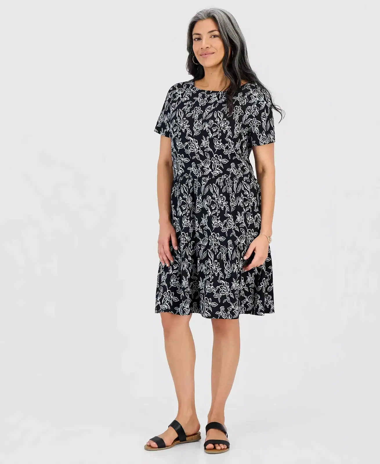 Style & Co Petite Printed Short-Sleeve Tiered Knit Dress