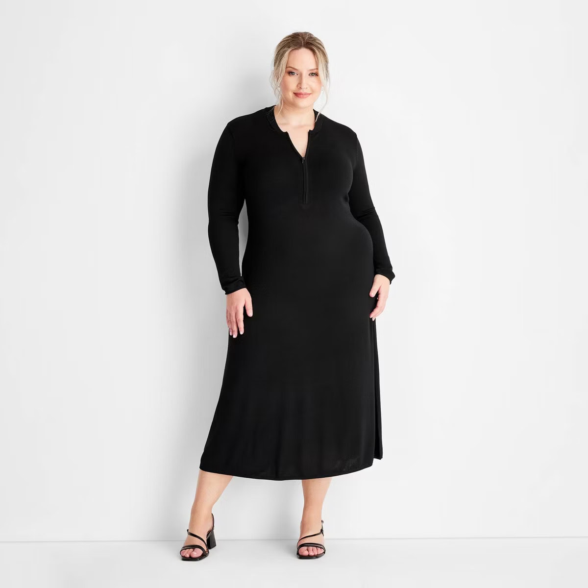 Women's Long Sleeve Sweater Maxi Dress - Future Collective Black 1X: Recycled Polyester, V Neck, Jersey Fabric