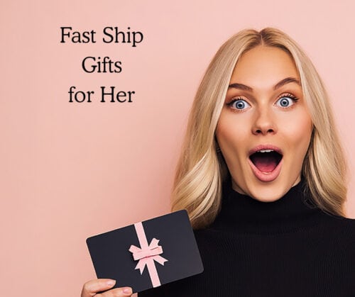 a surprised woman holding a gift