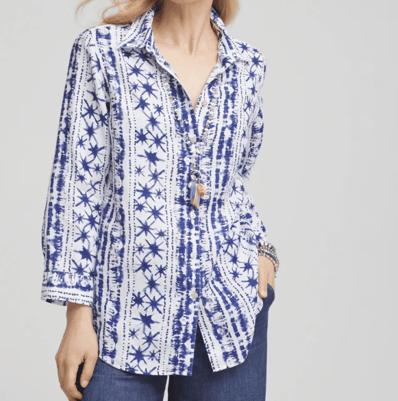 The Chico's No Iron Star Print Linen Shirt is an easy, polished piece