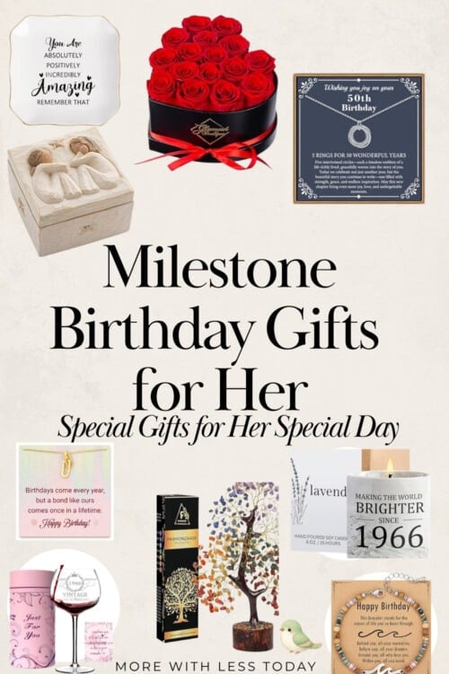 a collage of milestone birthday gifts for her