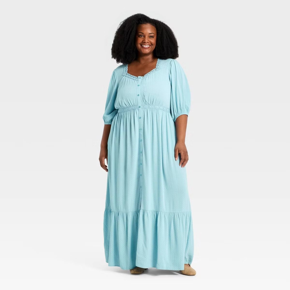 Ava & Viv Women's Plus Elbow Sleeve Button-Front Lace Trim Maxi Dress