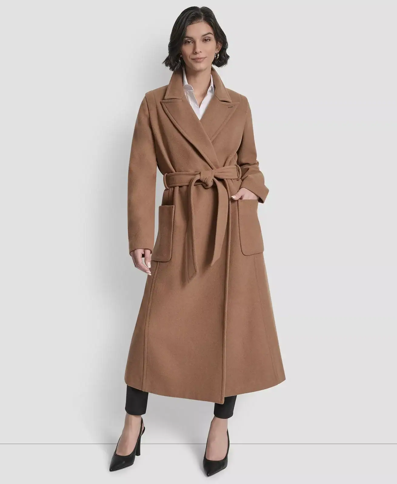 DKNY Women's Notch Collar Belted Wrap Coat