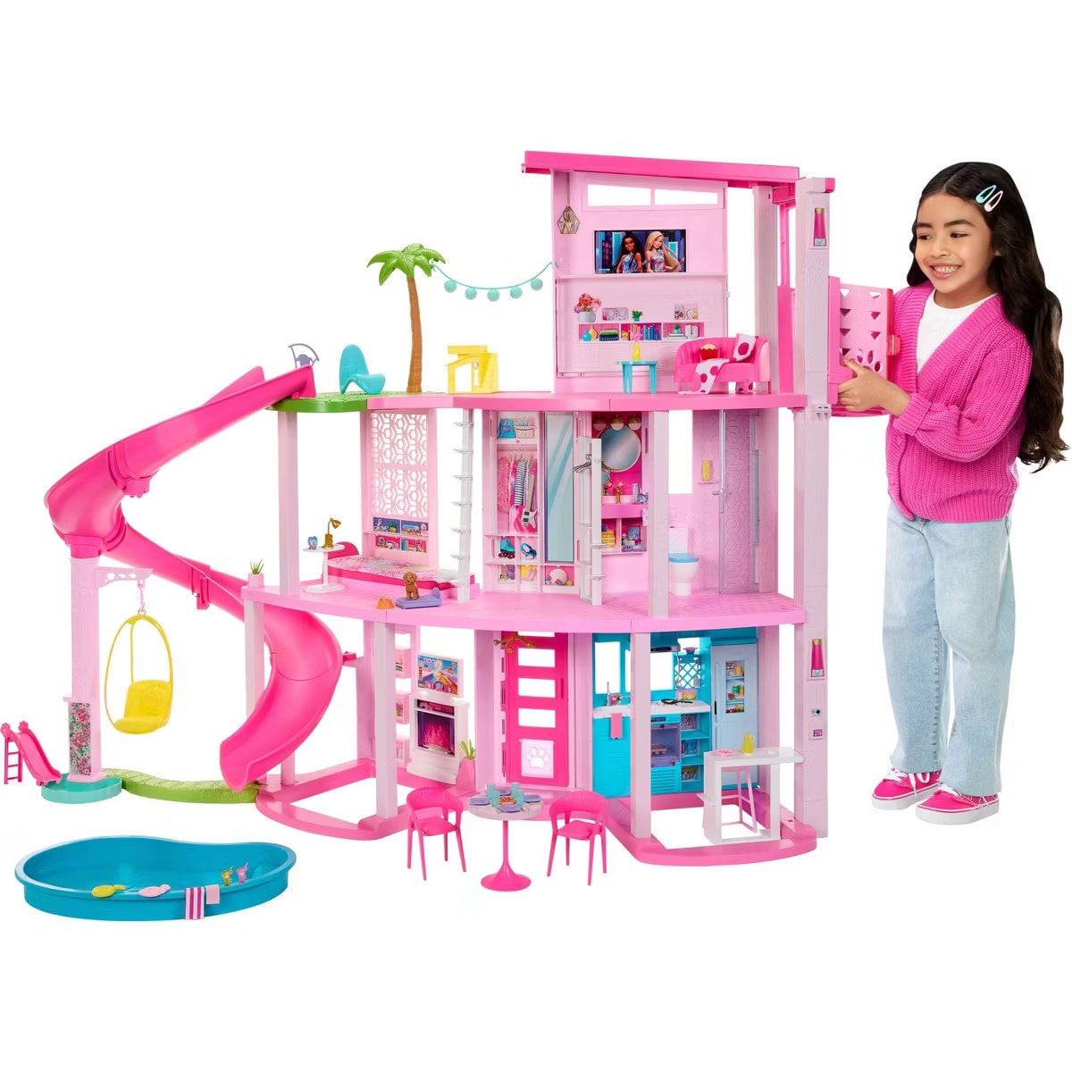 Barbie - Dreamhouse Pool Party Doll House with 75+ pc, 3 Story Slide: Adult Assembly, Fits 12 Inch Dolls