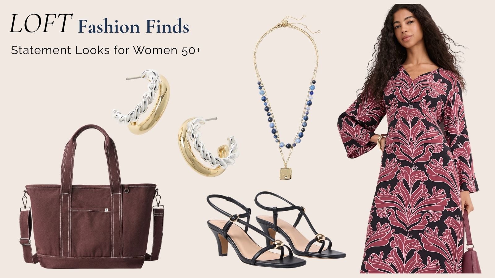 Elegant LOFT fashion featuring a floral midi dress, heels, handbag, and accessories for women over 50.