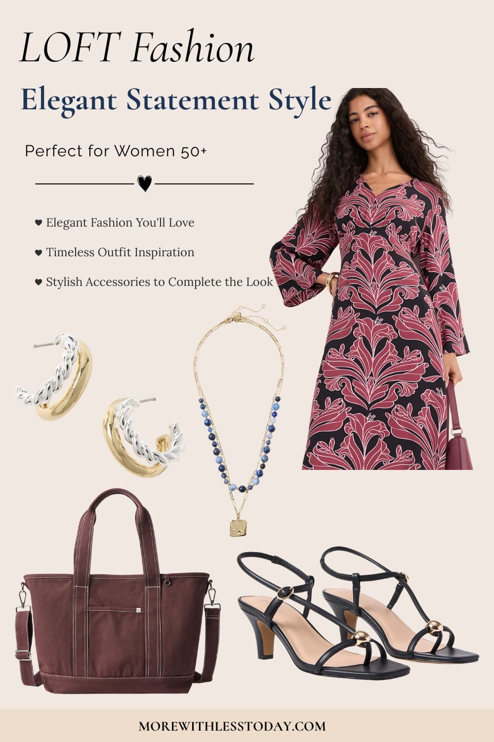 Elegant LOFT outfit featuring a floral midi dress, stylish heels, jewelry, and tote bag for women over 50.