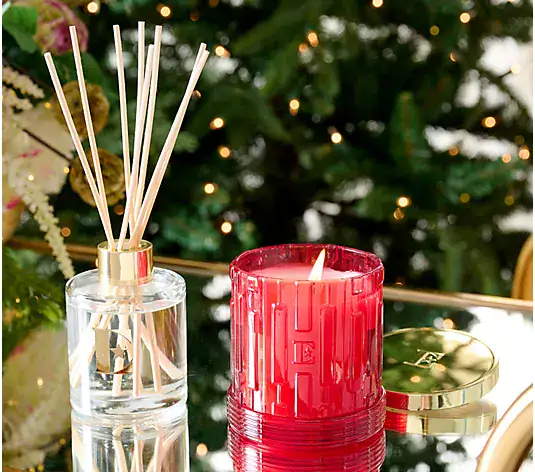 Elton John x Slatkin + Co. Woodside candle and reed diffuser gift set with Ruby Red Currant fragrance, a luxury QVC home décor clearance find.
