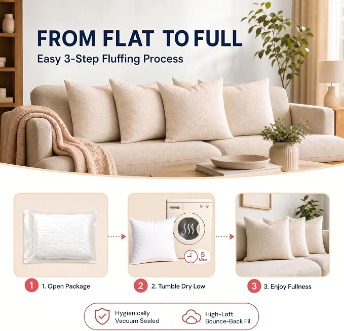 Foamily 18x18 Throw Pillow Inserts, White Pillows for Couch & Bed, 4 Pack | Soft down-alternative fill, hypoallergenic, holds its shape. Fits 18x18 covers. Couch, sofa, bed, nursery decor.