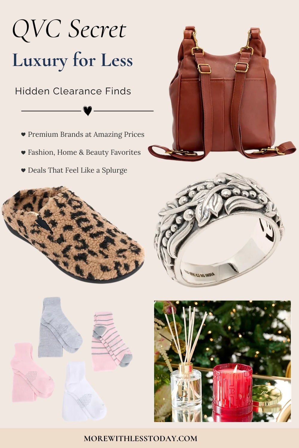 QVC clearance graphic highlighting premium fashion, beauty, and home finds that look luxurious without the high price tag.