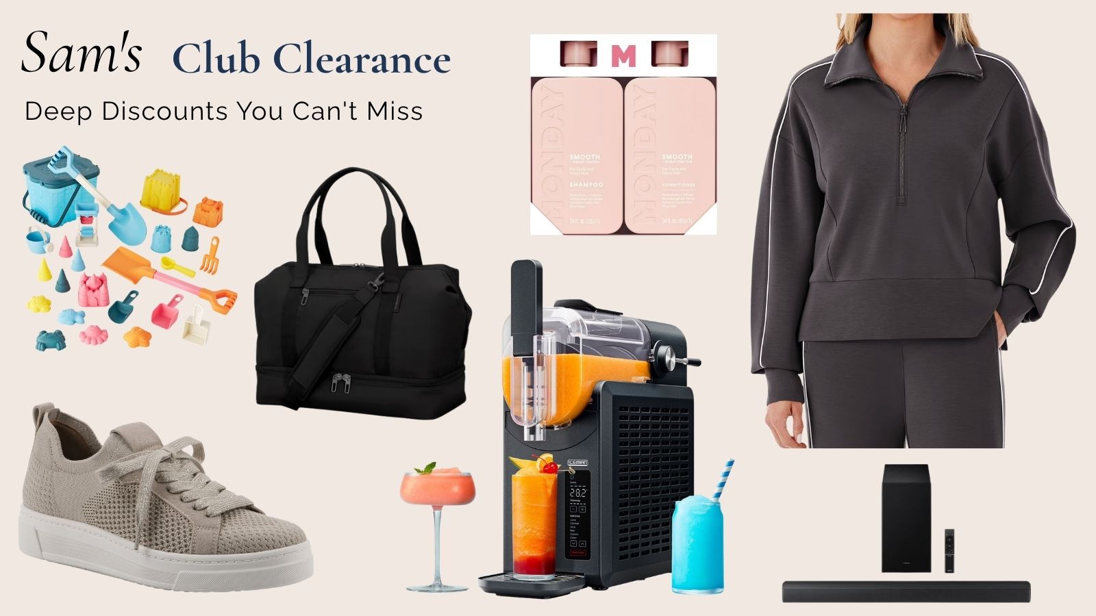 Sam's Club clearance featuring home essentials, electronics, travel gear, beauty products, footwear, and seasonal deals at discounted prices.