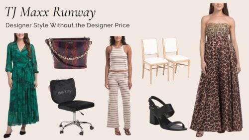 TJ Maxx Runway designer fashion and home finds featuring an elegant gown, designer handbags, heeled sandals, vanity chair, and home décor at affordable prices.