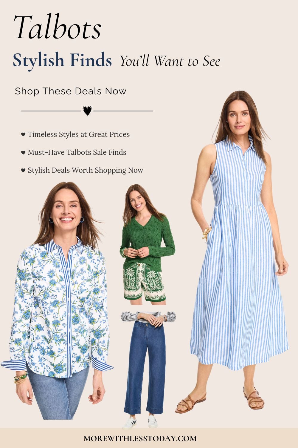 Talbots sale finds for women over 50 featuring a striped linen shirtdress, floral shirt, wide-leg pants, and classic sweaters.