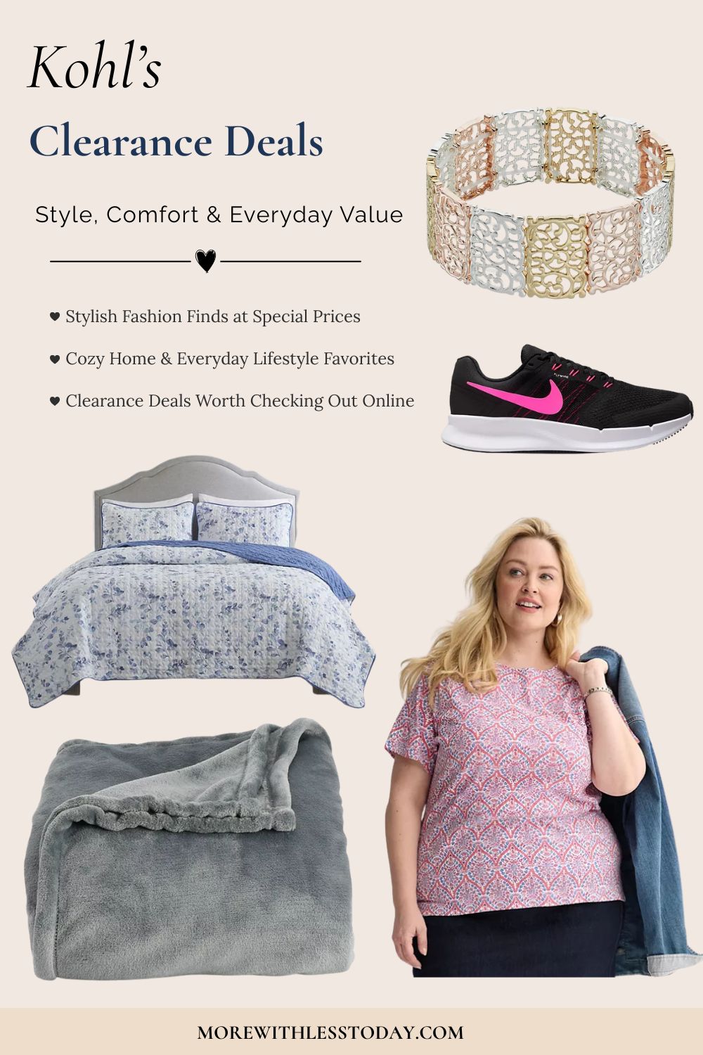 Kohl’s clearance deals featuring women’s clothing, cozy bedding, Nike running shoes and a Lauren Conrad bracelet