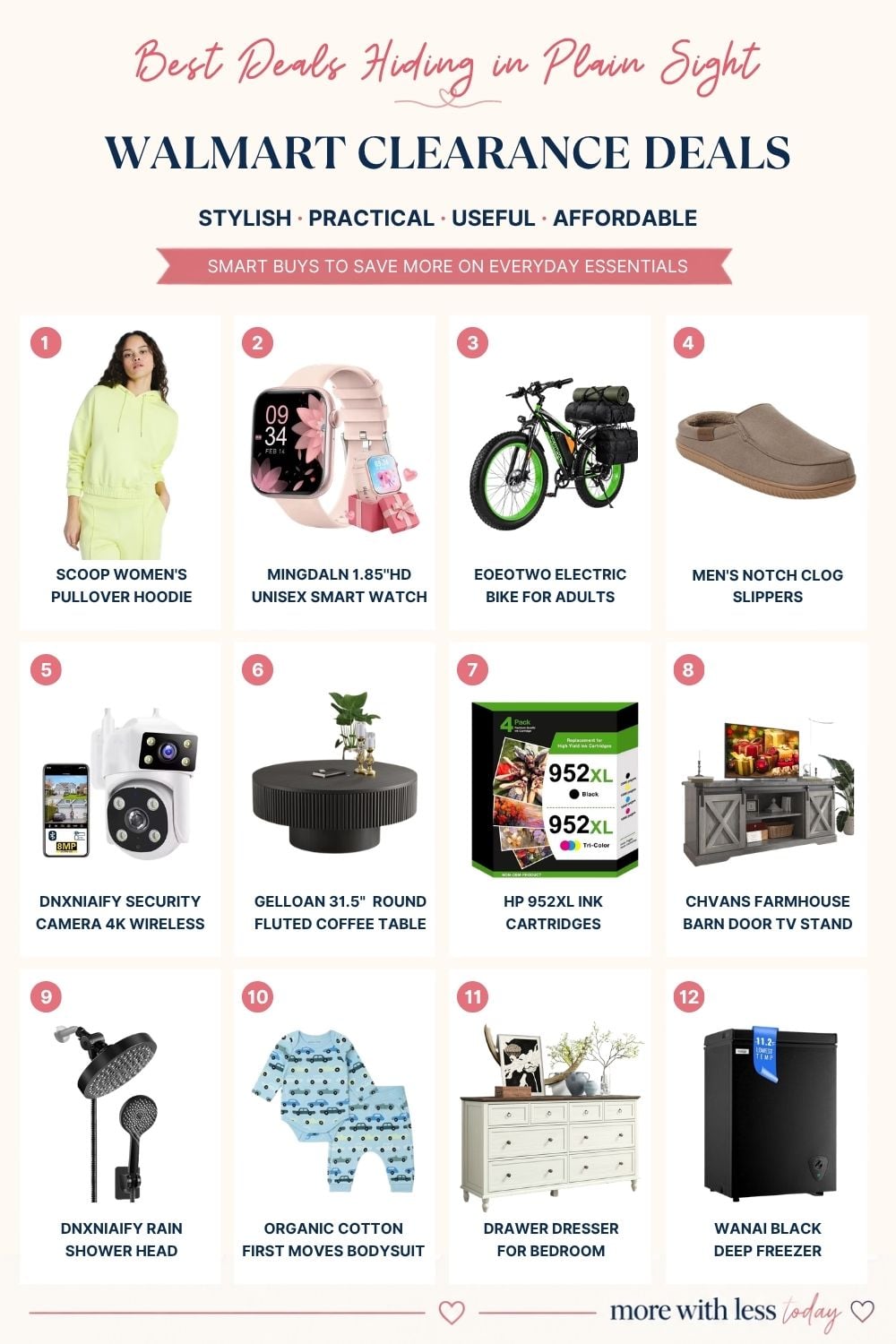 Walmart clearance deals featuring women's clothing, smartwatch, electric bike, slippers, home security camera, furniture, baby clothing, ink cartridges, shower accessories, and chest freezer.