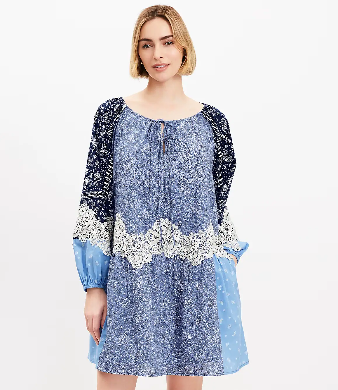 Lace Paisley Tie Mini Pocket Dress