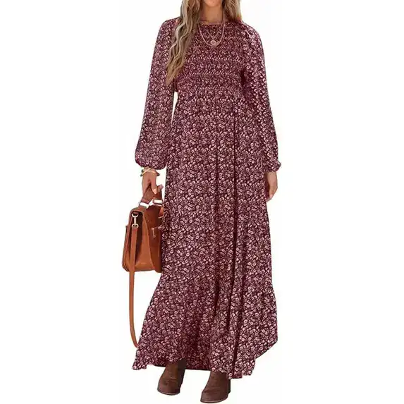 PRETTYGARDEN Women's Fall Dresses Long Sleeve Flowy Casual Floral Maxi Dress Crew Neck Smocked Tiered Long Dress