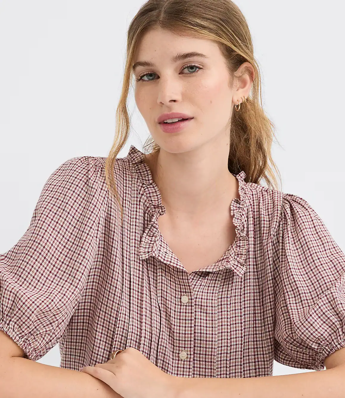Plaid Pintucked Puff Sleeve Blouse