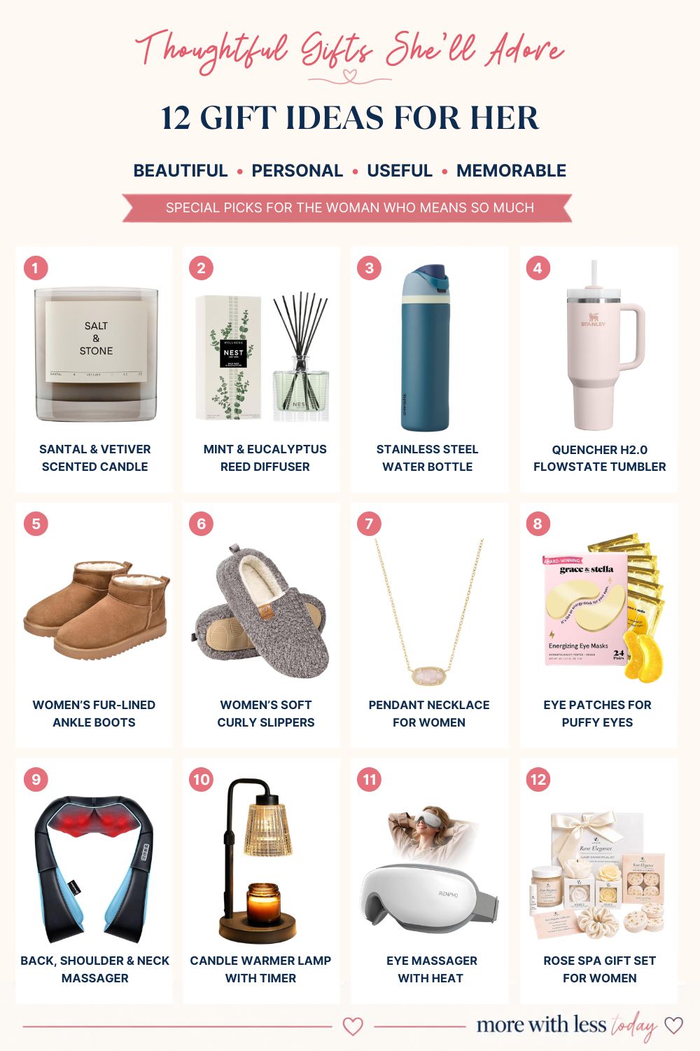 12 thoughtful gift ideas for her, featuring beautiful, useful, and memorable gifts for birthdays, holidays, and special occasions.