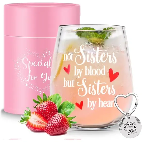 14Oz Not Sisters By Blood But Sisters By Heart Stemless Wine Glass Birthday Gifts for Women Friendship Best Friend